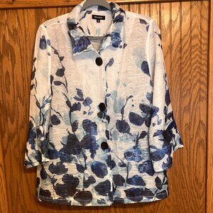 Damee White & Blue Button Up 3/4 Sleeve Blouse Extra Large XL